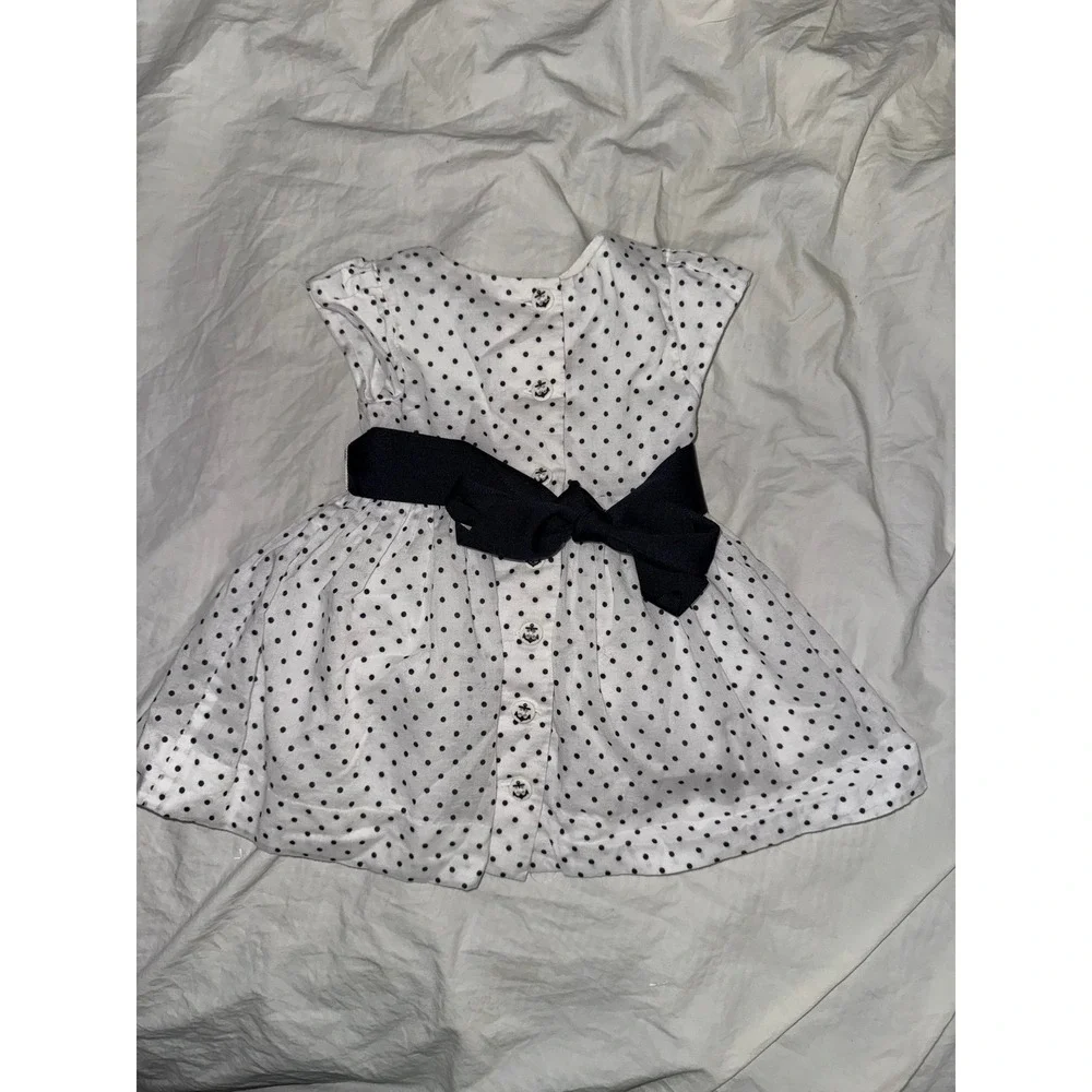 Ralph Lauren‎ white with navy polka dots ribbon belt baby dress 3M